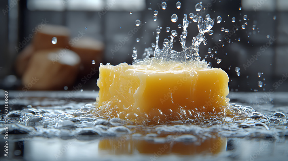 Poster splashing into freshness: a vibrant bar of soap is dramatically submerged in water, creating a dynam