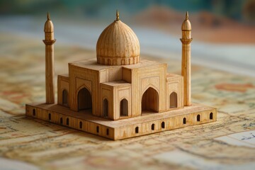 Obraz premium A miniature wooden mosque model rests on a map background