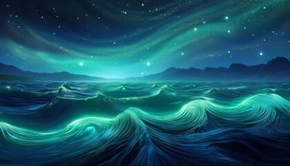 A mesmerizing digital painting capturing the ethereal beauty of bioluminescent waves glowing with an otherworldly light under a breathtaking night sky studded with countless stars