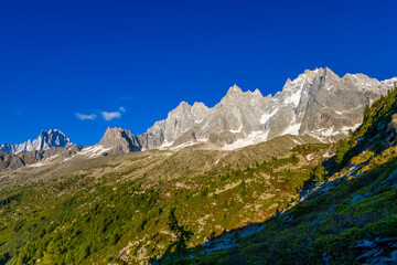 Aiguilles de Chamonix rocky granite mountain peaks in french Alps around Mont Blanc summit in...