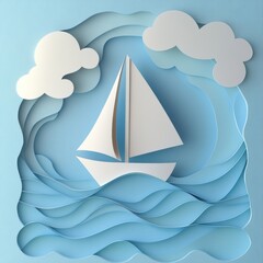 Paper Art Sailboat in Waves with Clouds in Blue Background
