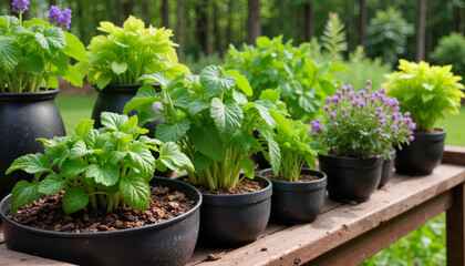 Fototapeta premium Potted green plants and flowers on a wooden table in a garden setting