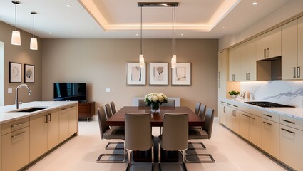 Elegant kitchen with a warm beige color scheme. The cabinetry is sleek with a glossy finish, and the countertops are white with a marble backsplash. A central wooden dining table with a polished surfa