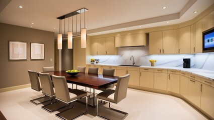 Elegant kitchen with a warm beige color scheme. The cabinetry is sleek with a glossy finish, and the countertops are white with a marble backsplash. A central wooden dining table with a polished surfa