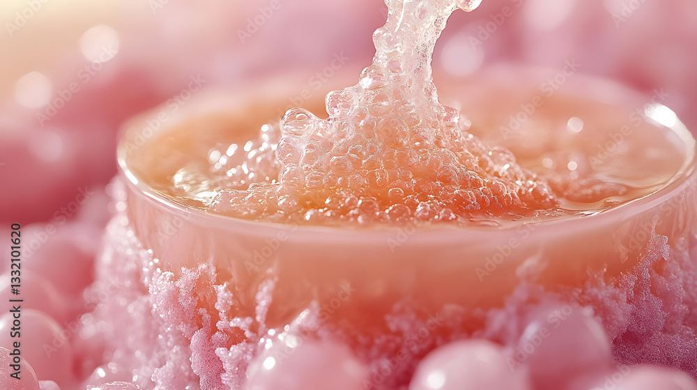 Poster bubbling elixir: an artistic representation of a shimmering pink liquid cascading into a shallow con