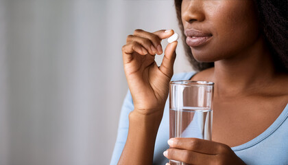 Woman Taking Pill with Water: Medication, Supplement, and Healthcare Close-Up - Daily Routine and Wellness Concept