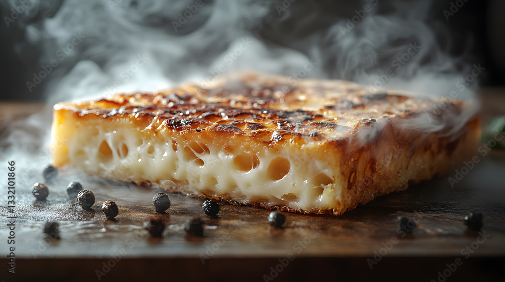 Poster golden toasted bread with steam: a macro shot of a perfectly toasted bread slice with a golden crust