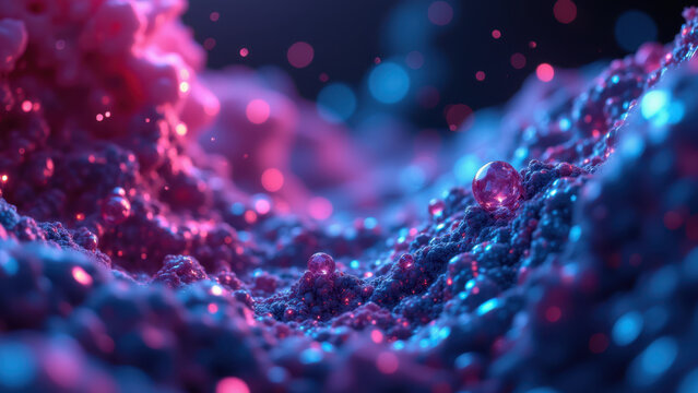 A close-up photograph of a pharmaceutical molecule with a vibrant mix of pinks and blues, showcasing its intricate structure.