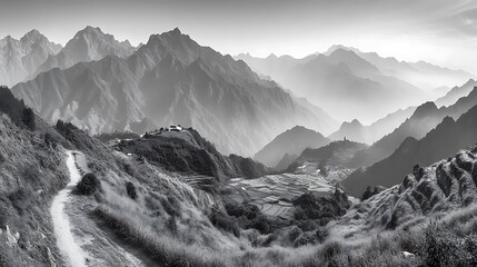 A beautiful landscape of mountains and terraced fields appears