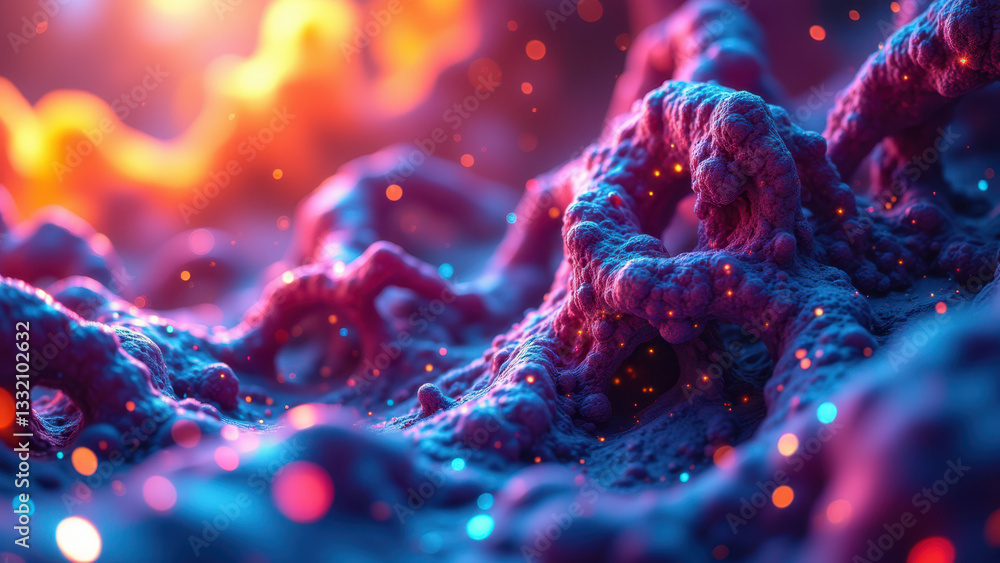 Poster stunning digital art of a molecular structure resembling coral under a microscope with vibrant color