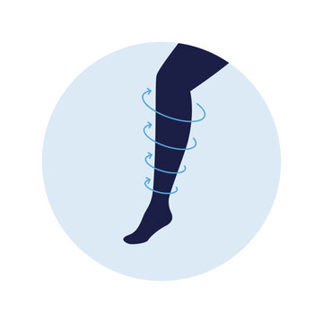 Varicose disease for healthcare concept. Vector flat illustration. Vascular ill diagnostic and treatment. Female leg in compression stocking. Arrow symbol. Design for health care, education