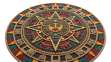 Naklejka premium Intricate Mandala Design with Geometric Patterns and Earthy Tones in Aztec-Inspired Artwork
