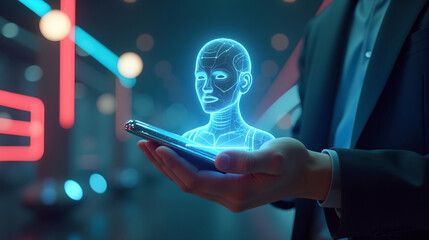 virtual assistant in the form of a floating holographic chatbot, glowing above a person’s hand