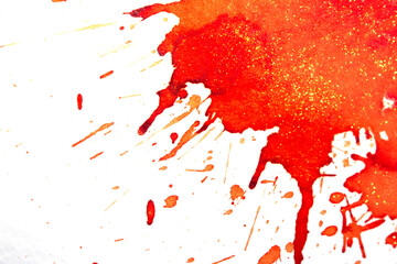 Acrylic Red Orange Glitter Ink Paint Splatters, Blobs and spots on white Background