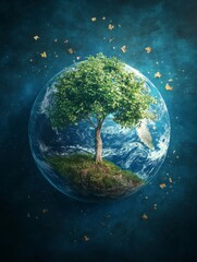 Obraz premium Lonely Tree Standing on Earth Globe Surrounded by Falling Leaves