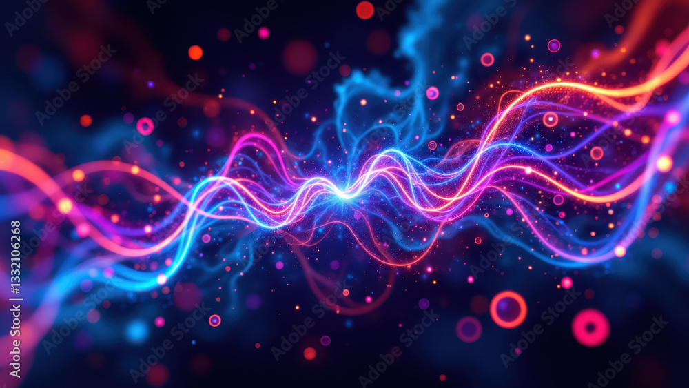 Poster a dynamic and colorful representation of a molecule or scientific concept with energy particles in m