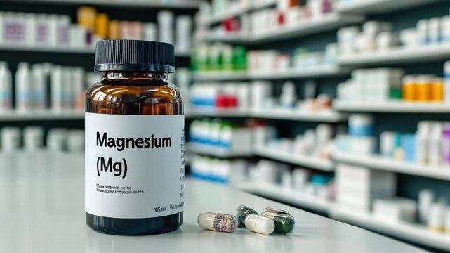 Display of magnesium supplement bottle with capsules in a modern pharmacy setting