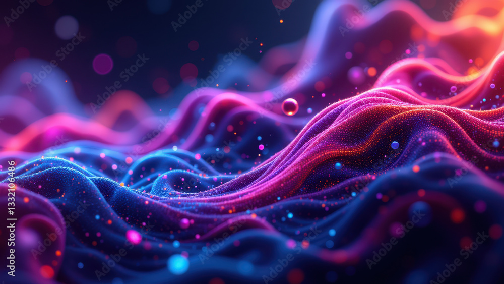 Poster colorful abstract molecular structure with glowing lines and particles.