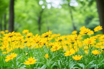 A vibrant field of yellow flowers in a lush green landscape, creating a cheerful and refreshing atmosphere in a natural setting.