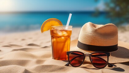 Minimalist beach scene with sun hat, sunglasses, and cold drink on warm sand, flat design, pastel colors, relaxing summer vibes, vacation illustration, calm, serene, tropical, lifestyle.