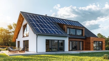 Obraz premium Modern Eco-Friendly House with Solar Panels Under Clear Blue Sky