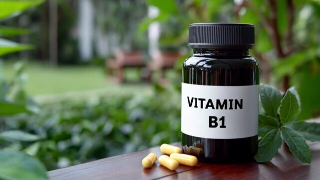 Supplement container with vitamin B1 on a wooden table surrounded by green foliage