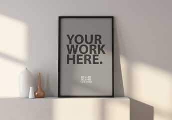 Vertical art poster frame mockup standing in room