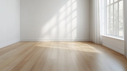 an empty room with wooden floor and a large window letting in natural light and shadows. The room has a clean and minimalist aesthetic