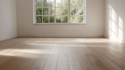 Fototapeta premium an empty room bathed in natural light from a large window. The room features a wooden floor and simple walls