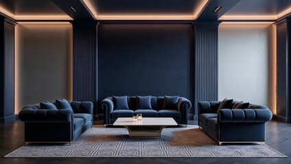 Sophisticated space featuring navy sofas with sleek modern designs.