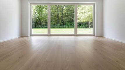 Fototapeta premium a modern empty room with a large window overlooking a green trees