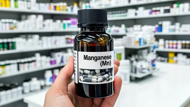 Display of manganese supplement in hand inside a well-stocked pharmacy showcasing vitamins and minerals