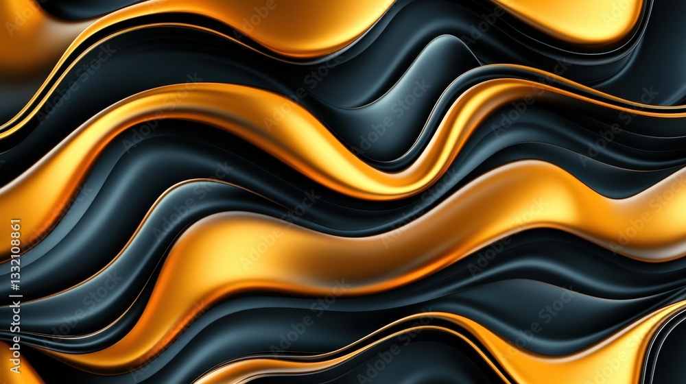 Poster a dynamic abstract design featuring flowing waves of gold and black, creating a sense of movement an