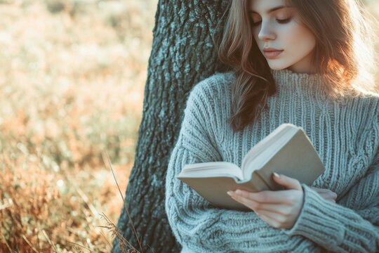 A young woman in a cozy sweater reads a book while leaning against a tree, surrounded by warm hue grass, creating a serene and contemplative atmosphere