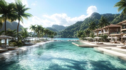 Luxurious beachfront resort pool with tropical landscape.