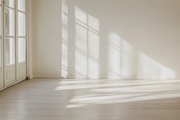 Obraz premium An empty room with natural sunlight streaming through a window, casting shadows on the floor and walls. The space is minimalist and inviting.