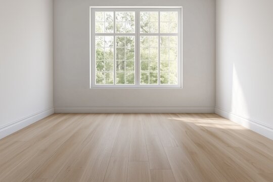 a bright, empty room with large window, and wooden floor