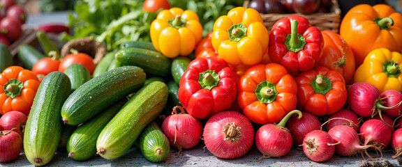 Vibrant market stand filled with fresh vegetables, colorful abundance