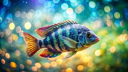 Fototapeta premium Stunning Bokeh Close-up of a Zebra Tilapia Fish in Vibrant Water