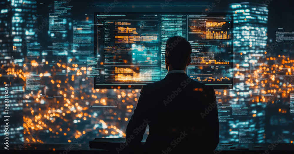 Aufkleber professional in business attire analyzes data on multiple screens with a city skyline backdrop at ni