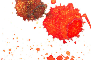 Acrylic Red Orange Glitter Ink Paint Splatters, Blobs and spots on white Background