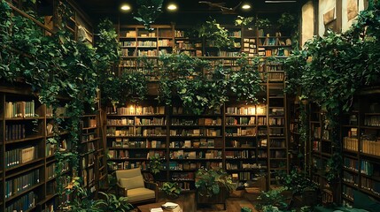 Obraz premium Lush library filled with books and plants