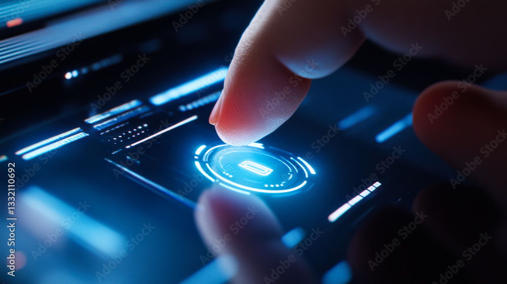 Poster interaction with futuristic technology in a dimly lit environment showcasing a glowing control inter