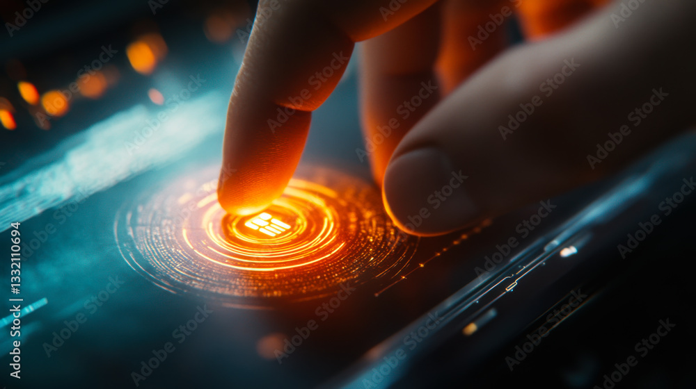Poster interaction with futuristic technology in a dimly lit environment showcasing a glowing control inter