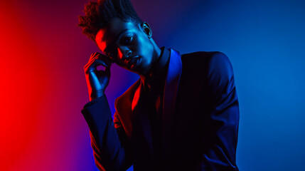 Stylish individual poses confidently in a dramatic lighting setup with bold colors