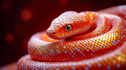 Bright orange snake coiled elegantly amidst vibrant surroundings showcasing intricate scale patterns and striking features