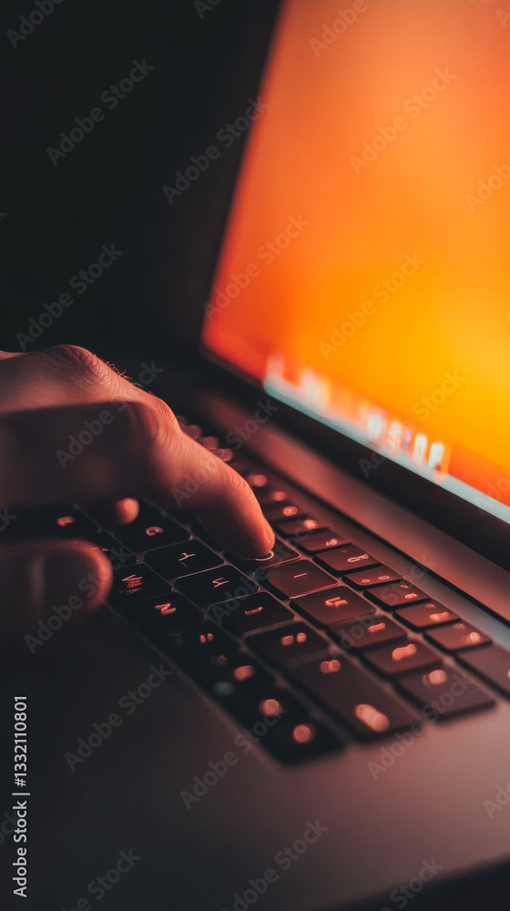 Poster typing on a laptop keyboard in a dimly lit workspace during the evening hours