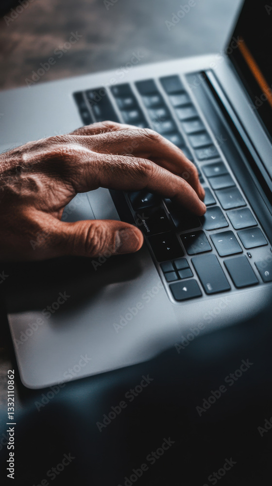 Poster typing on a laptop keyboard in a dimly lit workspace during the evening hours
