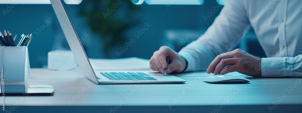 Poster person working on laptop with notepad and mouse in office setting