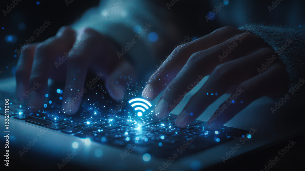 Poster digital connectivity experience with hands typing on a laptop in a dark environment with glowing ele